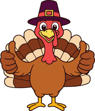 Cheerful cartoon turkey wearing red pilgrim hat thanksgiving character illustration