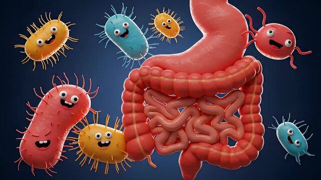 Cartoon Human Intestine Surrounded by Smiling Bacteria on Blue Background Representing Gut Health and Microbial Balance for Medical Illustration