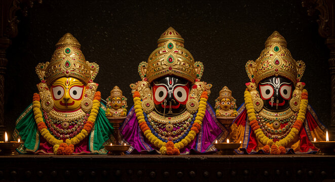 Rath yatra or car festival of Lord Jagannath at Puri, Orissa, India, Lord Jagannath Balabhadra And Subhadra Statues rath yatra celebration with large decorated chariots.Jagannath puri rath yatra