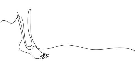 Continuous one line art drawing of bare foot in simple style and outline vector art illustration, Barefoot human footprint drawn in one continuous editable line. Diagonal track of barefoot footprint.