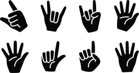 A collection of eight black hand gestures on a white background displaying various hand signals and poses