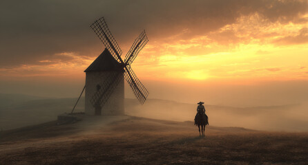 Silhouette. Surreal, poetic image of Don Quijote, an artistic reinterpretation of Cervantes' classic.