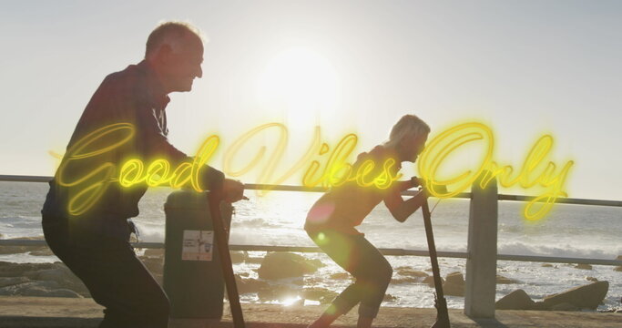 Image of good vibes only over caucasian senior couple