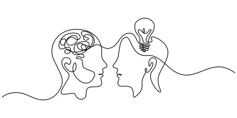 two men, one with a light bulb on his head to illustrate the concept, Two heads one with a confused mind the other with a lamp drawn in one continuous line.  Concept of brainstorming and solving