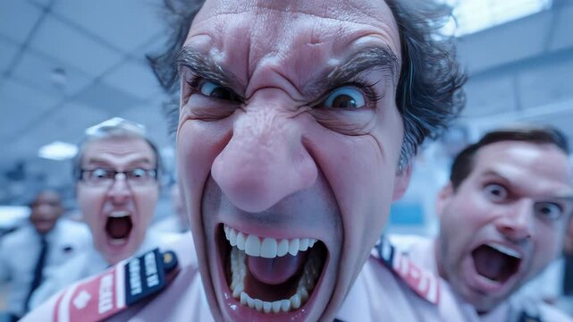 Close-up of an angry man shouting with intense expression in a chaotic office setting, capturing raw emotion and workplace stress