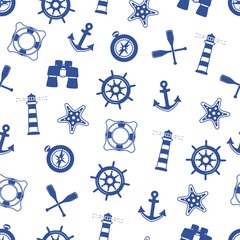 Nautical Vector Seamless Pattern of Icons Including Compass, Wheel, Lifebuoy, Anchor, Lighthouse and Starfish