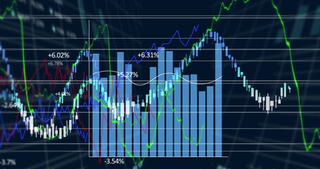 Image of diverse graphs and financial data on navy background