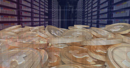 Image of coins with nft and graphs over servers