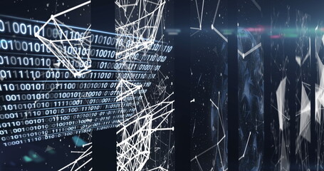 Image of data processing and network of connections over dark background