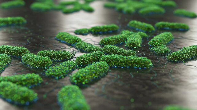 Close Up of Microscopic Green Bacteria on Gray Background Medical Science and Research Microbiology 3D Rendering