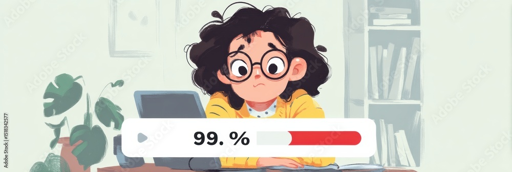 Fototapete Loading Bar at 99 Percent With Anxious Character Expression in a Cozy Workspace Setting