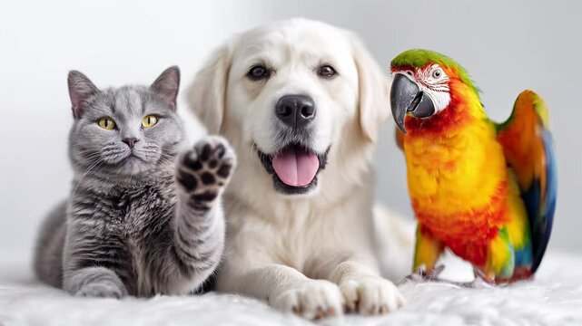 Three friendly pets cat, dog, and parrot sit side by side on white background. Combination of fluffy and feathered pets creates warm and harmonious scene