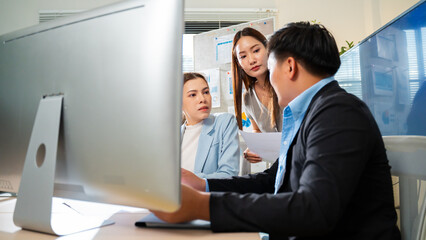 Group of creative Businesspeople brain storm meeting presentation,discussing roadmap to product launch, planning,strategy,dashboard,new business development,working with new startup project in office