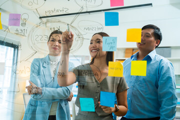 Creative Asian Business people meeting and use sticky notes on glass wall.Planning,trianning,share idea,business marketing strategy,innovation and teamwork decision with sticky notes in modern office