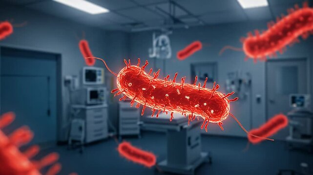 Close up Render of Red Bacteria Cells Floating in a Blue Operating Room Showing Medical Danger and Infectious Disease