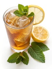 Fototapeta premium A refreshing summer beverage: Lemon iced tea with ice cubes and fresh mint.