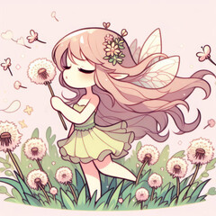 Cute fairy in a pastel garden, enjoying dandelions, whimsical mood, illustration for children