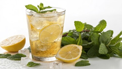 Fototapeta premium Refreshing Lemon iced tea garnished with fresh mint and lemon slices. 