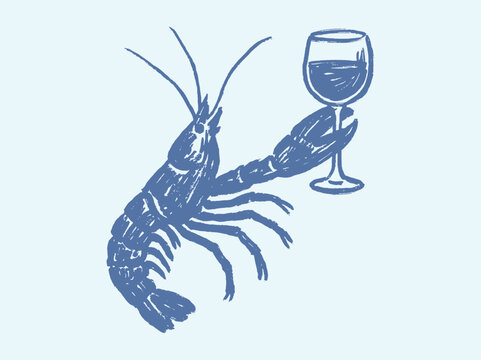 Lobster holding wine glass sketch style vector illustration