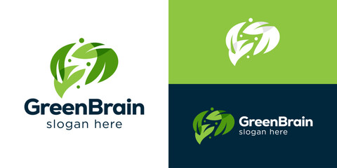 Creative simple green brain logo template. Brain with leaf overlapping color logo design template.