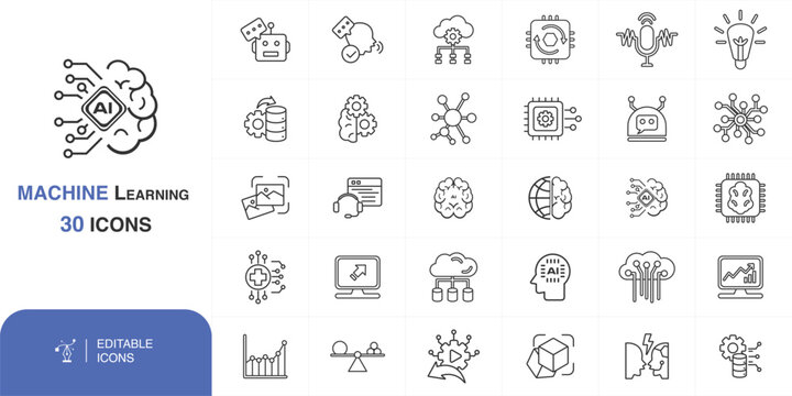 Machine Learning Icons Set, AI & Data Science Icons, 30 Machine Learning Symbols, Tech & AI Icons Bundle, Modern AI Icons Collection, Editable AI Line, new icons set, ai, machine learning pack