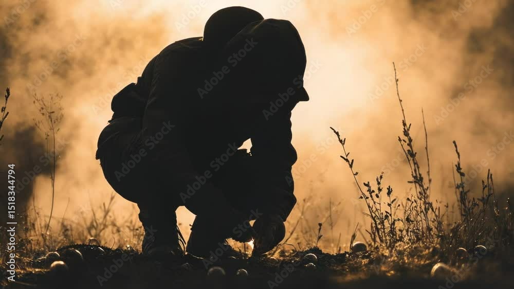 Poster a person kneels down in a lush green grass field with a calm and serene atmosphere