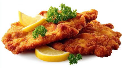Wiener schnitzel, breaded veal cutlets, garnished with parsley and lemon slices, resting on white background