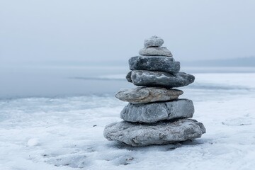 Fototapeta premium Tranquil Stack of Stones on Frozen Lake in Overcast Gray Weather