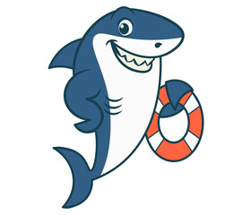Funny Cartoon Shark Standing with Lifebuoy, Vector Art