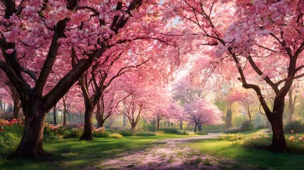 Naklejka premium Beautiful landscape of cherry blossom park during spring morning