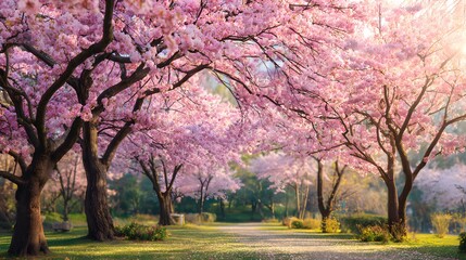 Fototapeta premium Beautiful landscape of cherry blossom park during spring morning