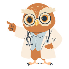 Cute owl in doctor costume pointing wing on white background. Flat vector illustration in simple children's style . Vector illustration