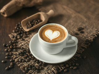 Heart Latte Art in Cup of Coffee with Beans on Rustic Wooden Table