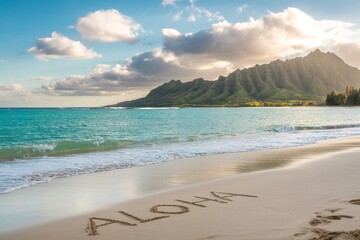 Beautiful sandy beach in Hawaii with mountains in the background and the word aloha written in the sand at sunset
