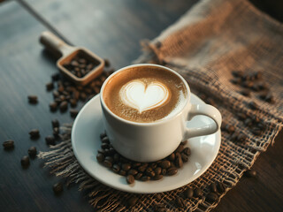 Heart Latte Art in Cup of Coffee with Beans on Rustic Wooden Table