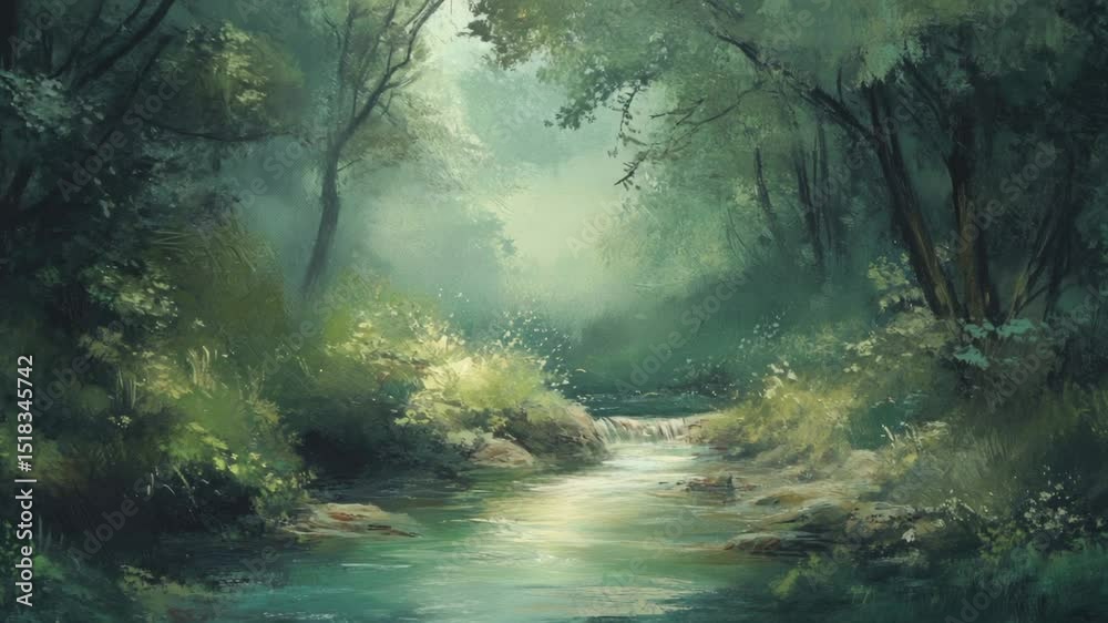 Poster a peaceful stream flows through a dense forest