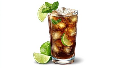 Refreshing cuba libre cocktail is garnished with lime and mint