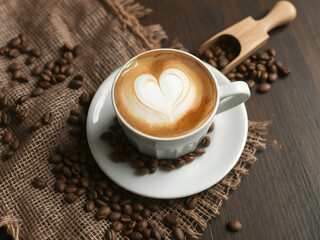 Heart Latte Art in Cup of Coffee with Beans on Rustic Wooden Table