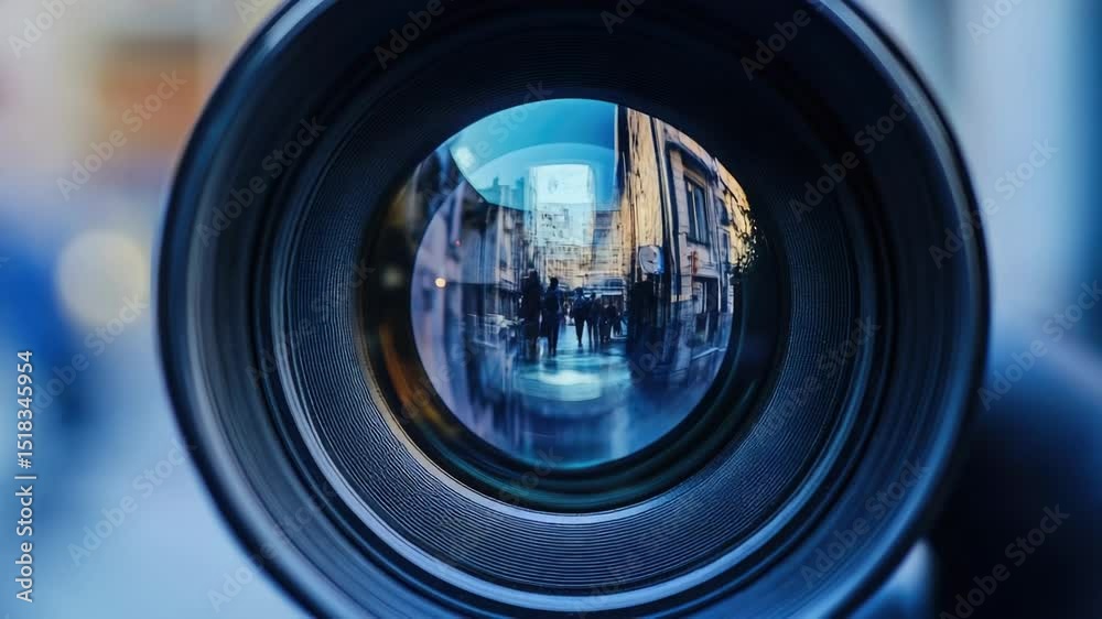 Poster close-up shot of a camera lens with city buildings in the background, great for photography and tech