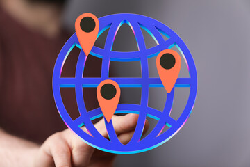 3D rendering of a global network with location pins.  Ideal for business, technology, and travel.