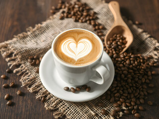 Heart Latte Art in Cup of Coffee with Beans on Rustic Wooden Table