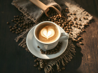 Heart Latte Art in Cup of Coffee with Beans on Rustic Wooden Table
