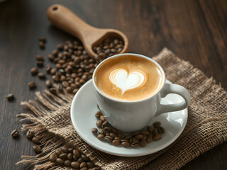 Heart Latte Art in Cup of Coffee with Beans on Rustic Wooden Table