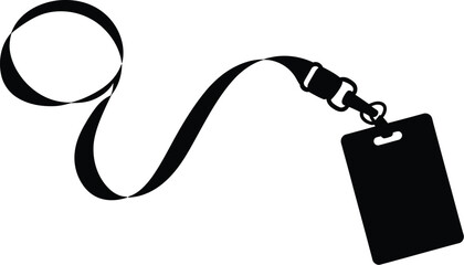 A black and white graphic illustration of a lanyard with a badge holder on a white background
