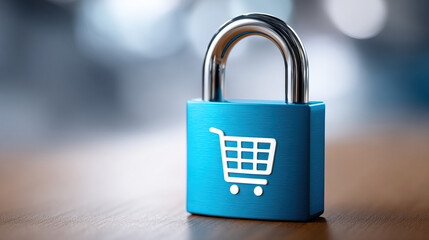 Blue padlock with shopping cart icon symbolizes secure online shopping and safe e commerce transactions on wooden surface