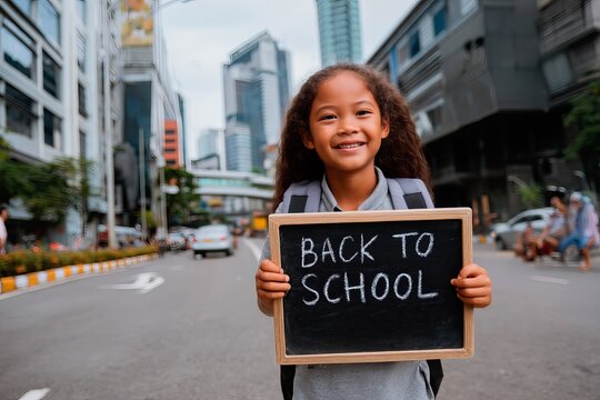 Girl student with a blackboard that says back to school at the school gate