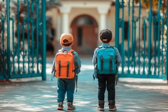 Two children with their backs to each other at the school gate on the first day of school. Back-to-school concept.