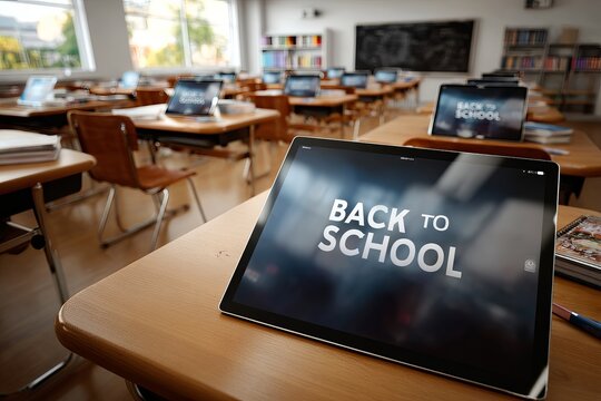Class without students with tablets on the tables with the message Back to School