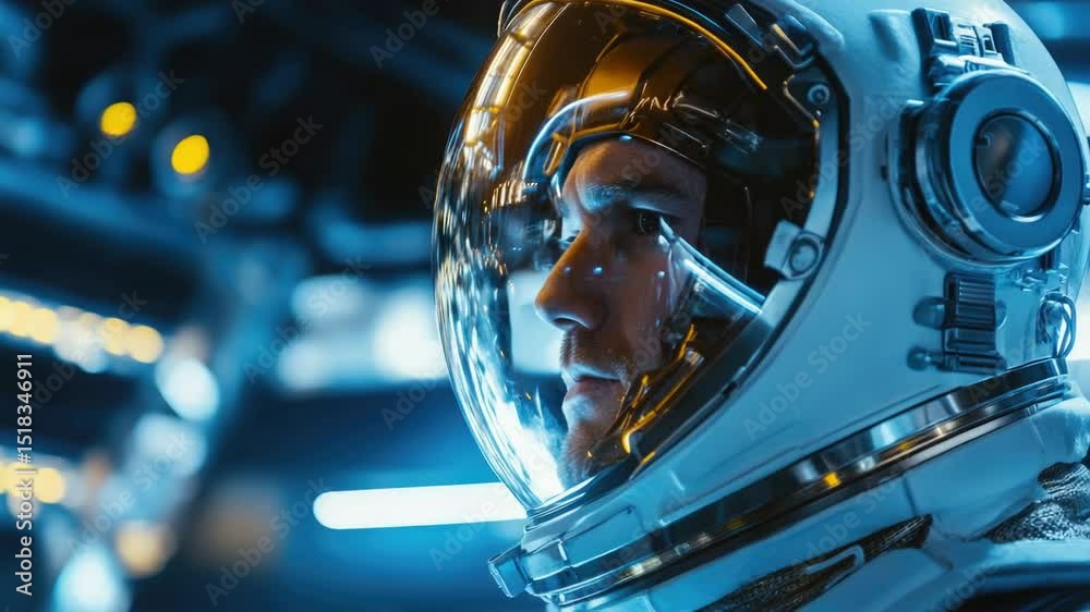 Poster A detailed view of an astronaut's head and faceplate in a spacesuit, with no context