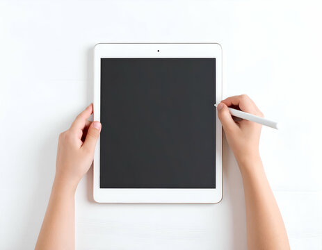  top-down view of tablet screen and child's hands writing, clean white table,